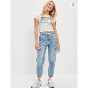 American Eagle Acid Wash Denim Cargo Joggers Light Blue High Rise Size 0 Regular